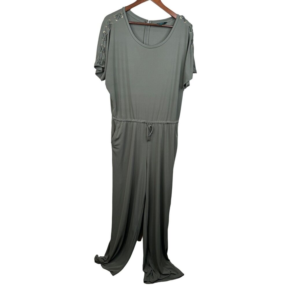 Lauren Ralph Lauren XL Olive Green Jumpsuit Lace-Up Shoulders Drawstring Waist